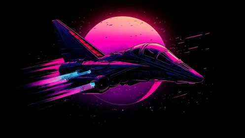 Neon starfighter streaks past pink sci fi planet at speed.