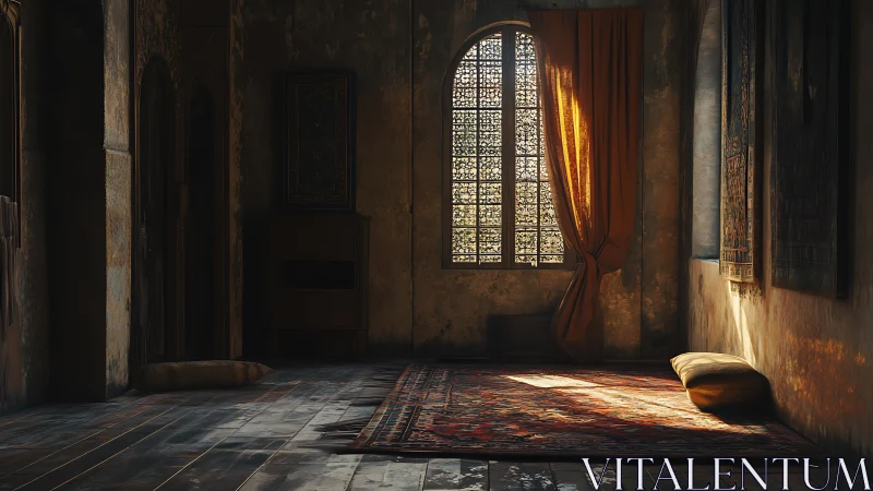 Sunlit oriental chamber with patterned lattice window geometry.