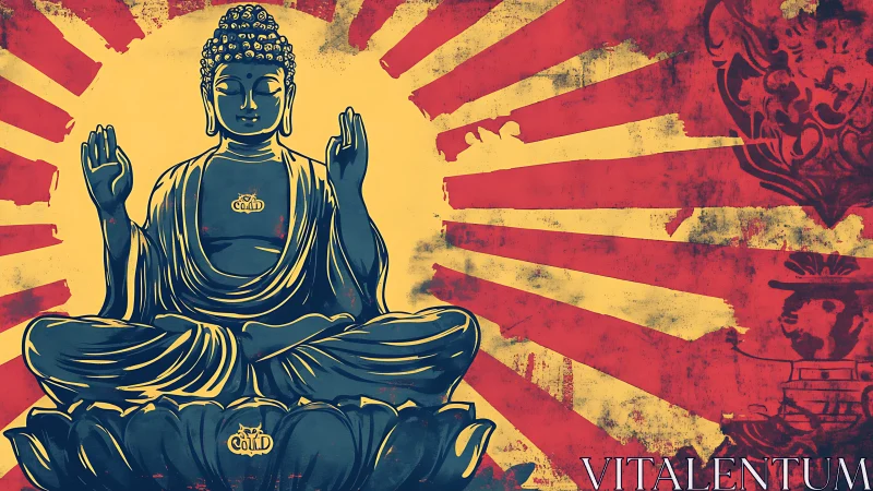 Buddha figure on lotus with radial red and yellow backdrop.