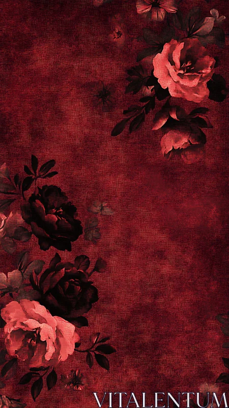Romantic roses bloom against deep crimson vintage textile background