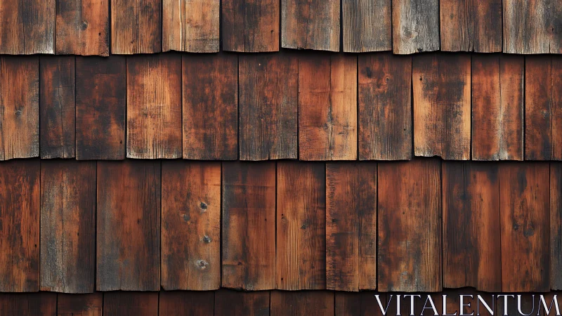 Weathered wooden shingle wall with warm brown tones.