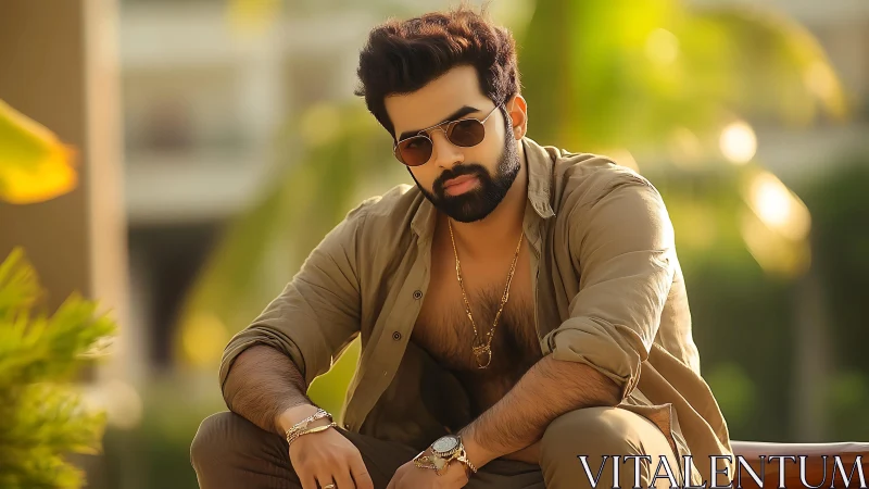Relaxed bearded man in sunglasses enjoying golden sunlight.