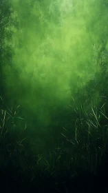 Dense green mist fills vertical frame above dark foliage