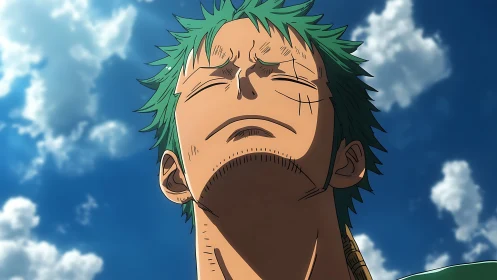 Green-haired anime warrior closes eyes beneath bright sky.