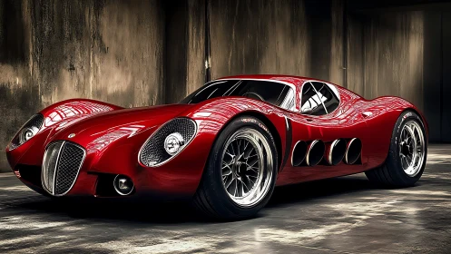 Crimson retro-futurist supercar in industrial studio light.