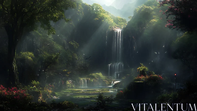 Sunlit hidden waterfall garden wrapped in misty forest calm.