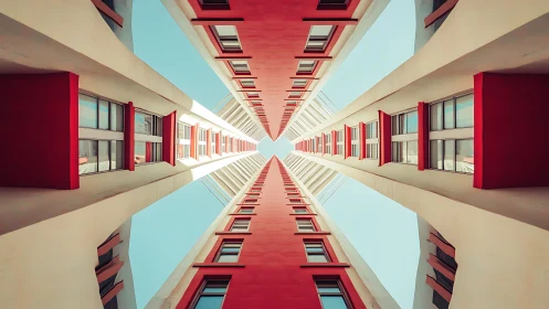Symmetrical high-rise corridor converges in strong linear perspective