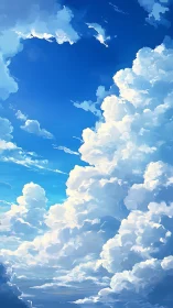 Towering cumulus clouds under clear blue sky panorama.