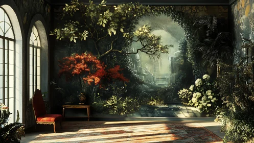 Sunlit interior with mural of lush garden portal.