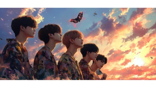 Sunlit youth silhouettes under iridescent cloudscape sky.