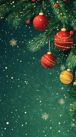 Vector spruce canopy with luminous Christmas ornaments cascade.