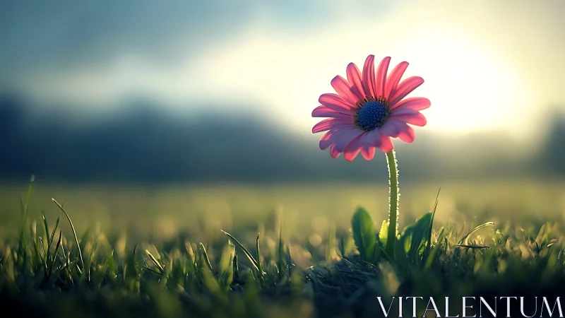 Single pink daisy glows softly in a dreamy sunrise meadow