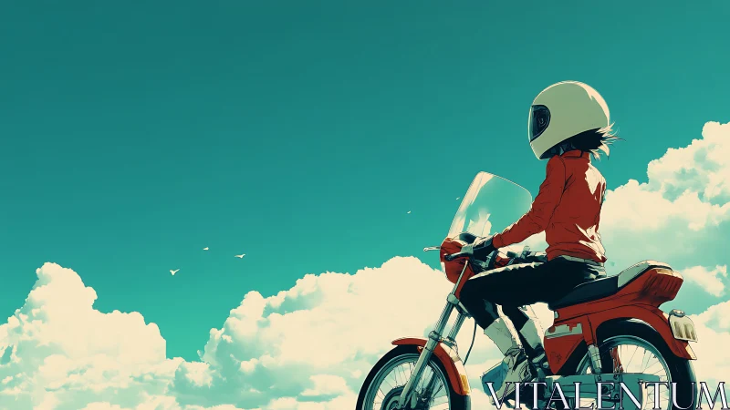 Helmeted rider studies cloud horizon from vintage red moped