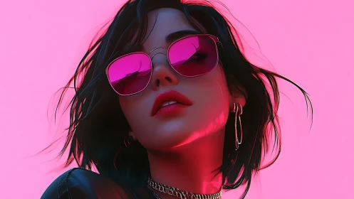 Neon-lit woman portrait with pink sunglasses and attitude.