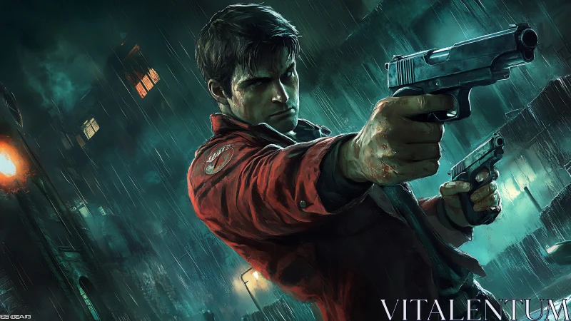 Dynamic digital painting of armed antihero in neon rainstorm.