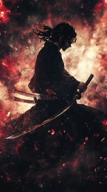 Lone samurai walks through swirling embers with quiet resolve
