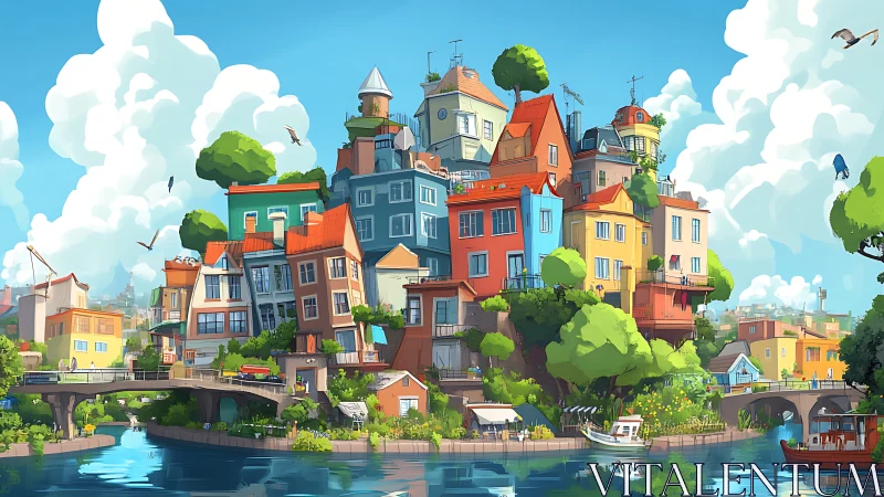 Colorful canal hill town glows under bright summer skies