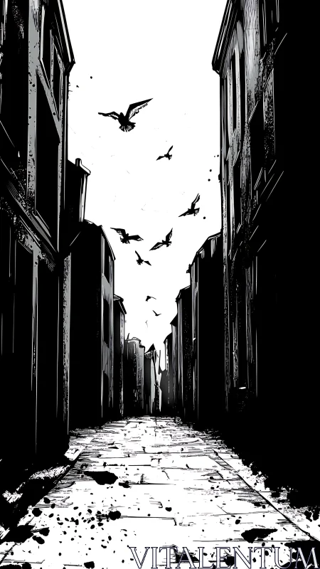 Midnight crows drifting above a stark silent alleyway.
