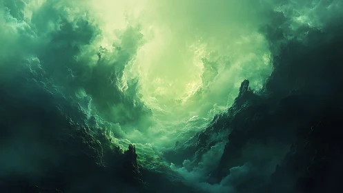 Green volumetric clouds over rugged dark landscape. Period.