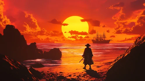 Silhouetted swordsman watches distant ship at vivid sunset