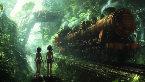 Rust trains breathe in jungle light as barefoot scouts watch.