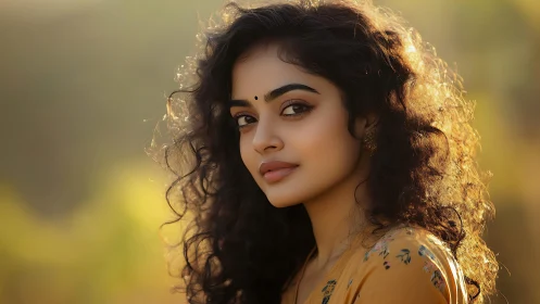 Golden hour portrait glows with soft curls and gentle gaze