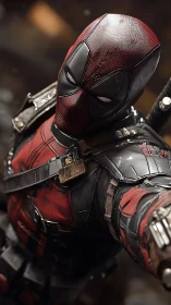 Red and black armored masked character poses in close-up