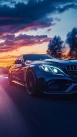 Performance sedan accelerates along highway at neon sunset