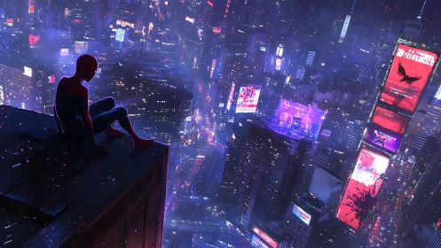 Quiet rooftop hero watches neon city lights come alive