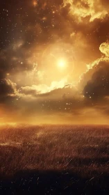 Luminous celestial sunset over windswept grassland with volumetric haze