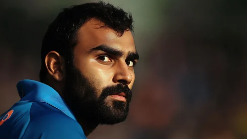 High contrast close-up portrait of athlete in directional stadium light