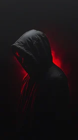 Low-key hooded portrait with red rim lighting and void backdrop.