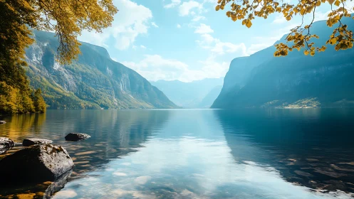 Glacial lake basin with mirrored alpine ridges under clear sky.