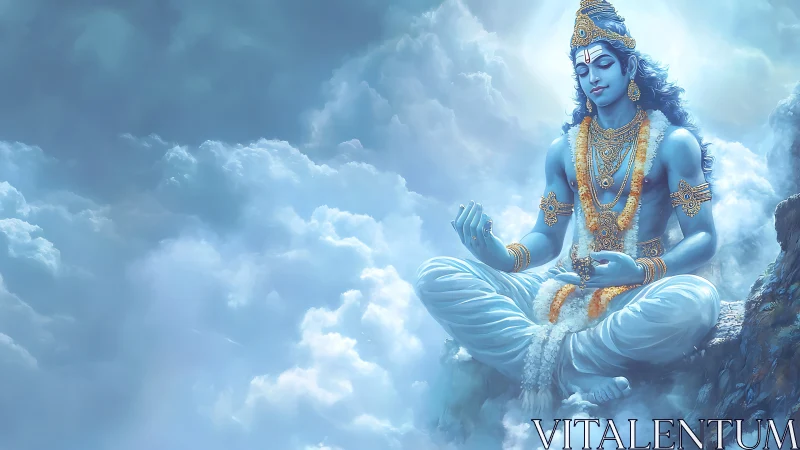 Skyborne blue deity drifts in luminous, meditative stillness