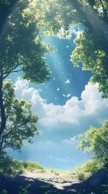 Sunlit coastal forest clearing frames volumetric sky and sea