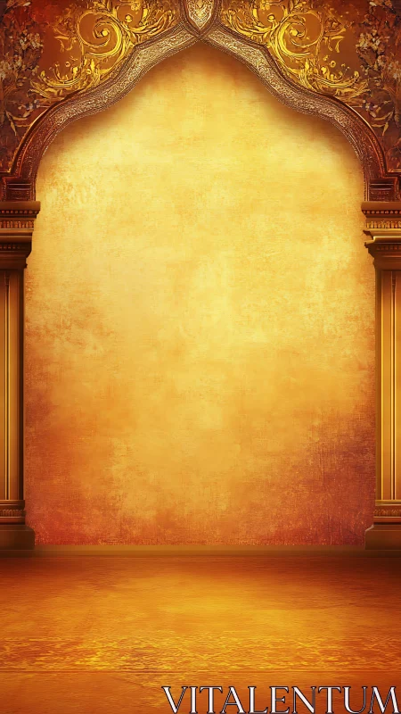 Ornate golden archway frames textured empty wall space