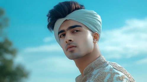 Skyward gaze of a turbaned dreamer in embroidered grace.