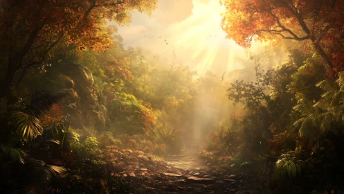 Volumetric light penetration through dense tropical canopy with crepuscular atmospheric phenomena