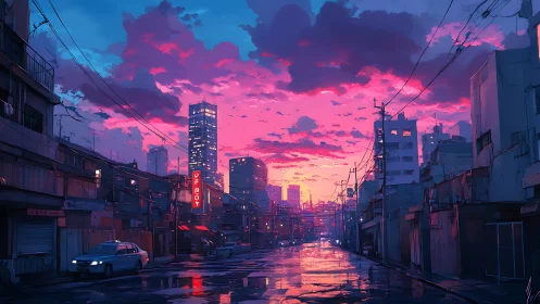 Neon rain street humming beneath electric cotton-candy skies.