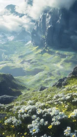 Sunlit alpine meadow drifts into mist below towering cliffs