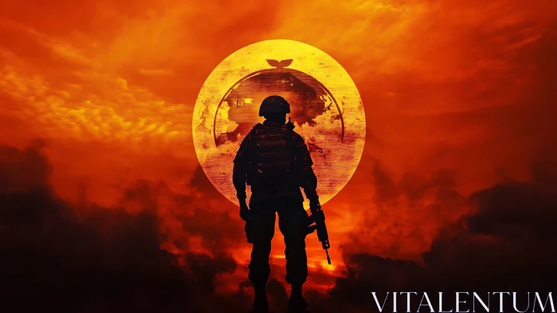 Armed soldier silhouette against fiery digital sunset sky.
