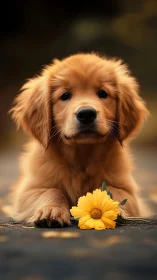 Photorealistic golden puppy portrait with yellow daisy focus.