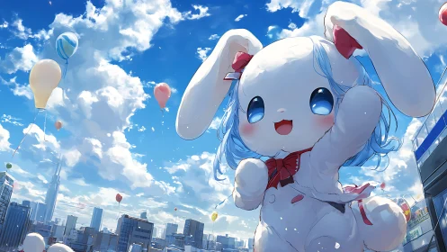 Giant blue‑haired rabbit mascot above modern cityscape.