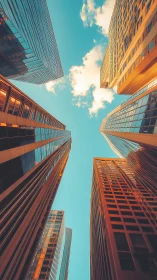 Skyscraper canyon vertical upshot with cyan orange color grade