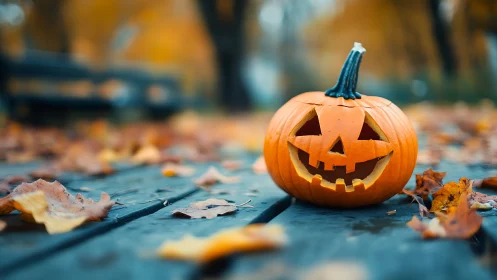 Cheeky park-bench jack o&rsquo; lantern amid drifting autumn hush.