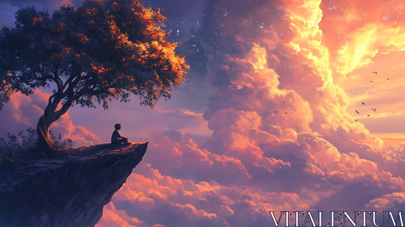 Solitary meditative figure on cliff above luminous sunset clouds