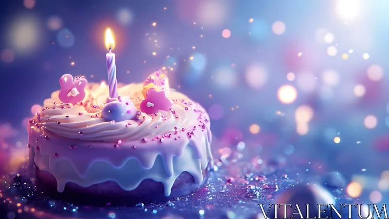 Luminescent Birthday Cake with Purple Candle and Magical Bokeh Effects.