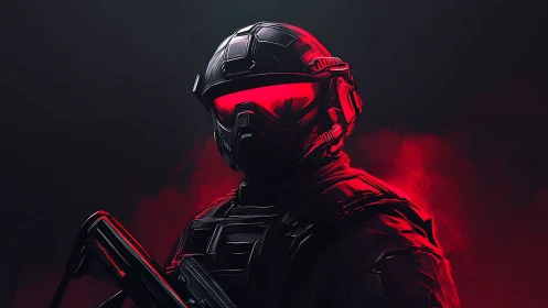 Armored sci‑fi soldier glows in ominous red haze.