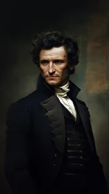 Stern gentleman in dark coat gazes aside in moody light