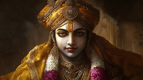 Golden crowned deity gazes softly in rich temple light